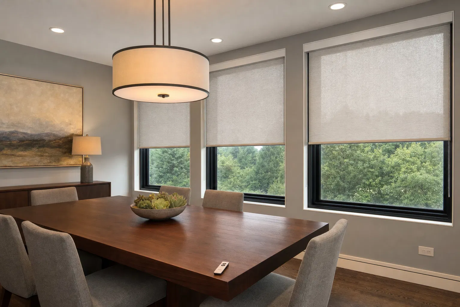 Roller shades with a remote in a dining room